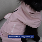 Pomerania de 1,6 kg usando el Impermeable Winter Blossom de Dear Friend en talla XS, vista del cierre lateral.