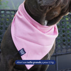 Bandana reversible rosa de tela suave para perros de Dear Friend, con estampado de ajíes en un lado y lisa en el otro.