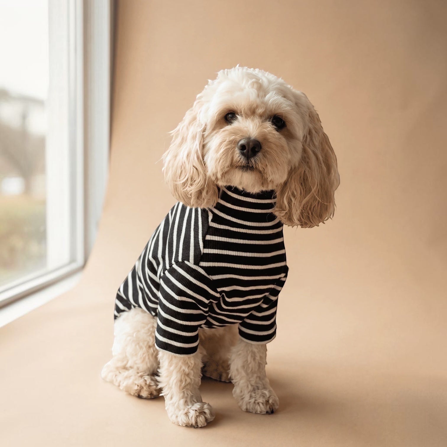 Polera de rayas negras y blancas para perro de Dear Friend, con cuello alto, tejido suave y transpirable.
